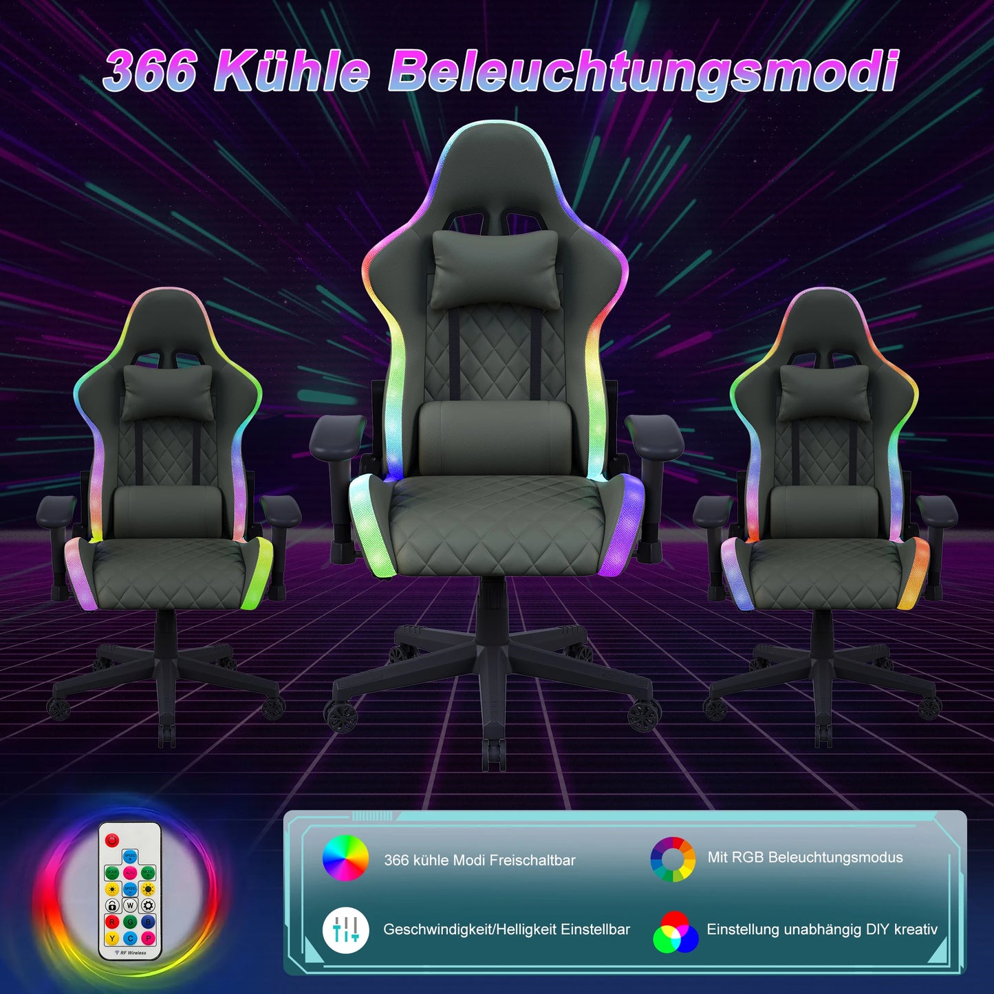 Fangange Ergonomic Gaming Chair with Massage Function, LED Light, Adjustable Reclining Computer Chair with Lumbar Support Pillow, 150KG