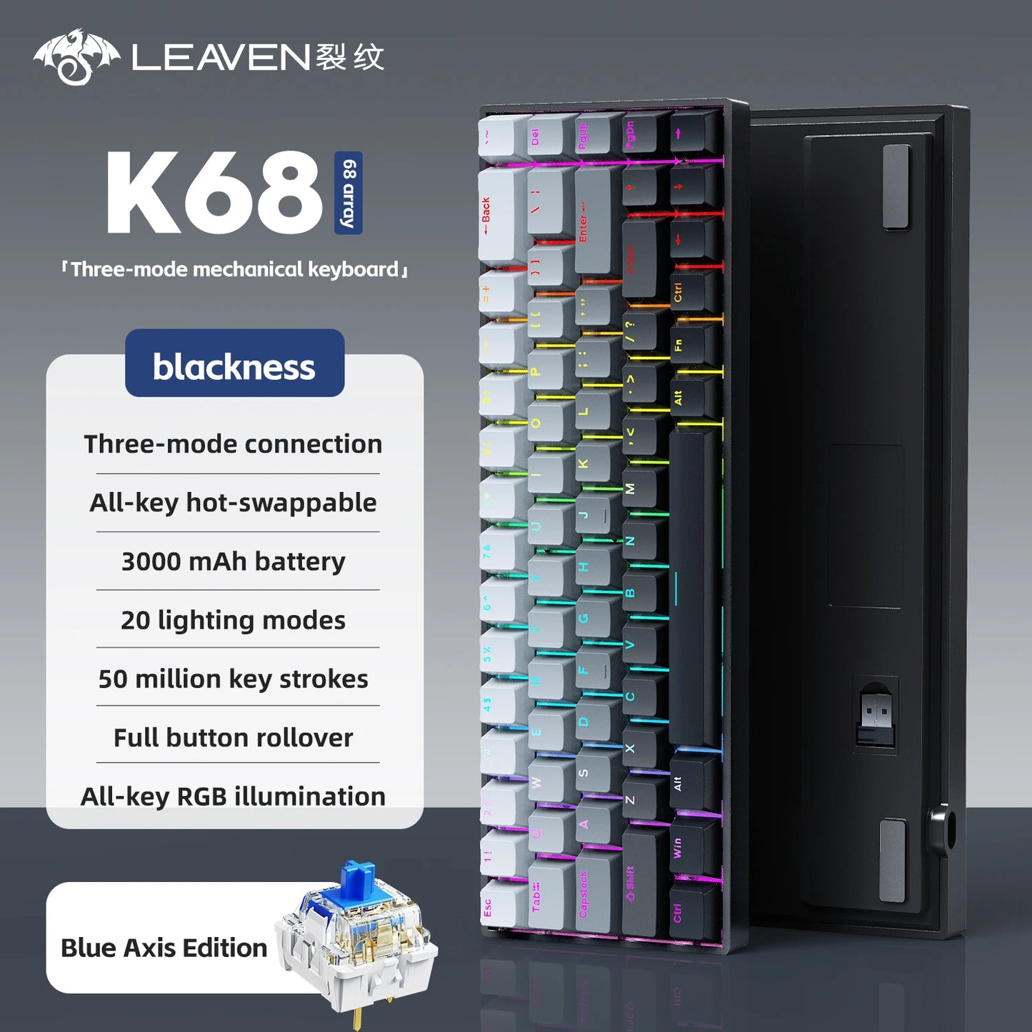 K68    68Key Wireless Mechanical Keyboard Tri-mode Connection,Full Key Hot Swap,RGB lighting Effects,Gasket Muffler Structure, L