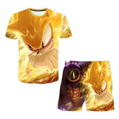 Sonic The Hedgehog Top Fashion 3D Anime Children's T-shirt Set Short Sleeve + Shorts Two-piece Set Girls Boys Cosplay Costume
