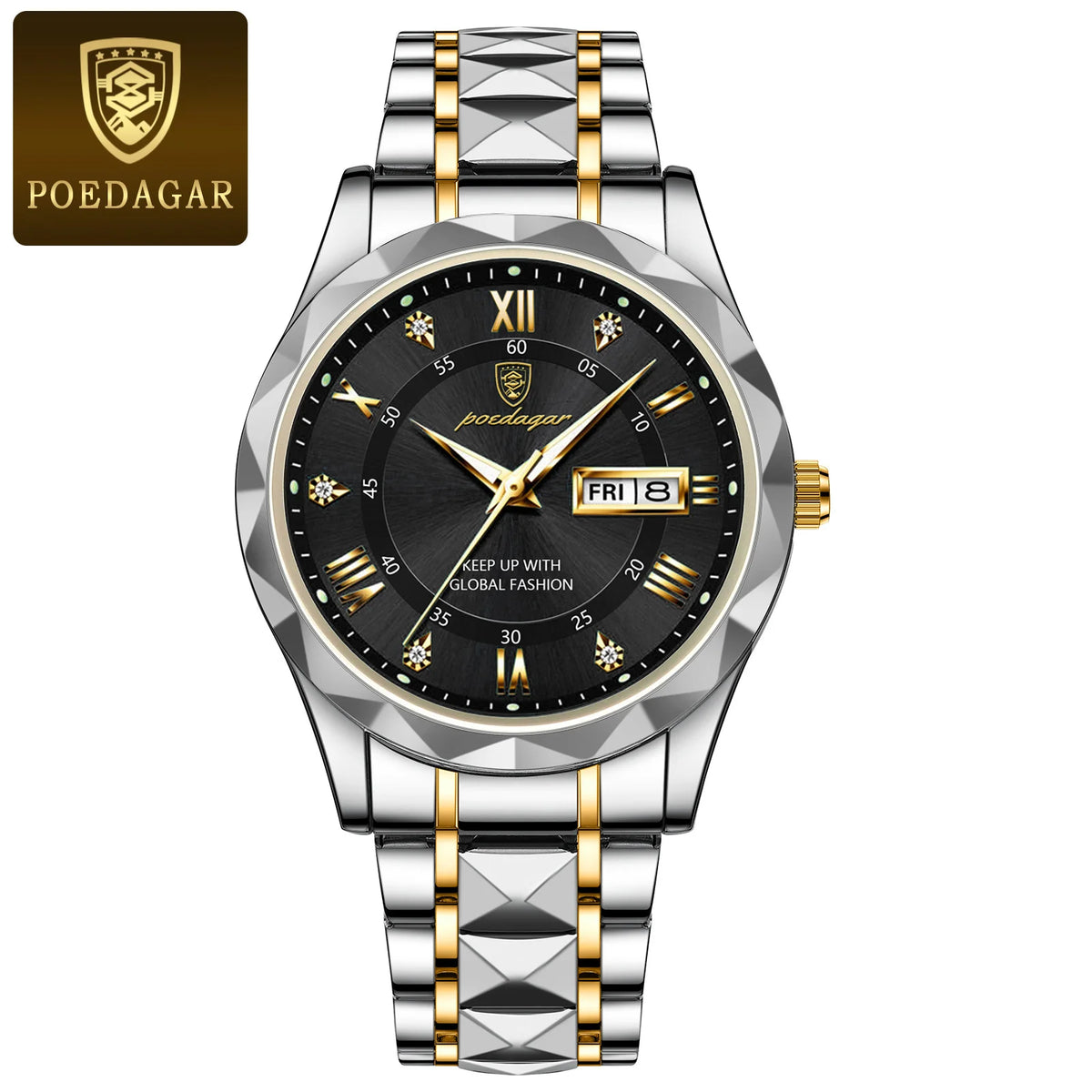 POEDAGAR Business Luxury Herrenuhr, wasserdicht, aus Edelstahl, beleuchtet, mit Datum und Wochentag, im Sport-Stil, mit Quarzwerk.