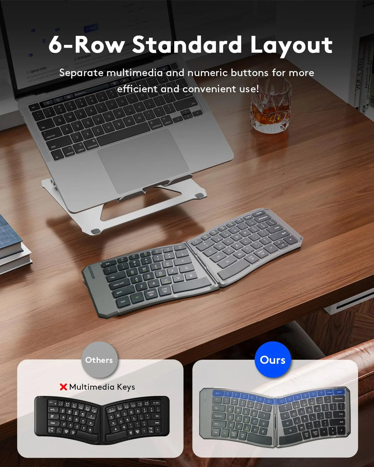Teclado Bluetooth ergonómico plegable, teclado compacto dividido portátil para viajes de negocios, teclado inalámbrico plegable recargable