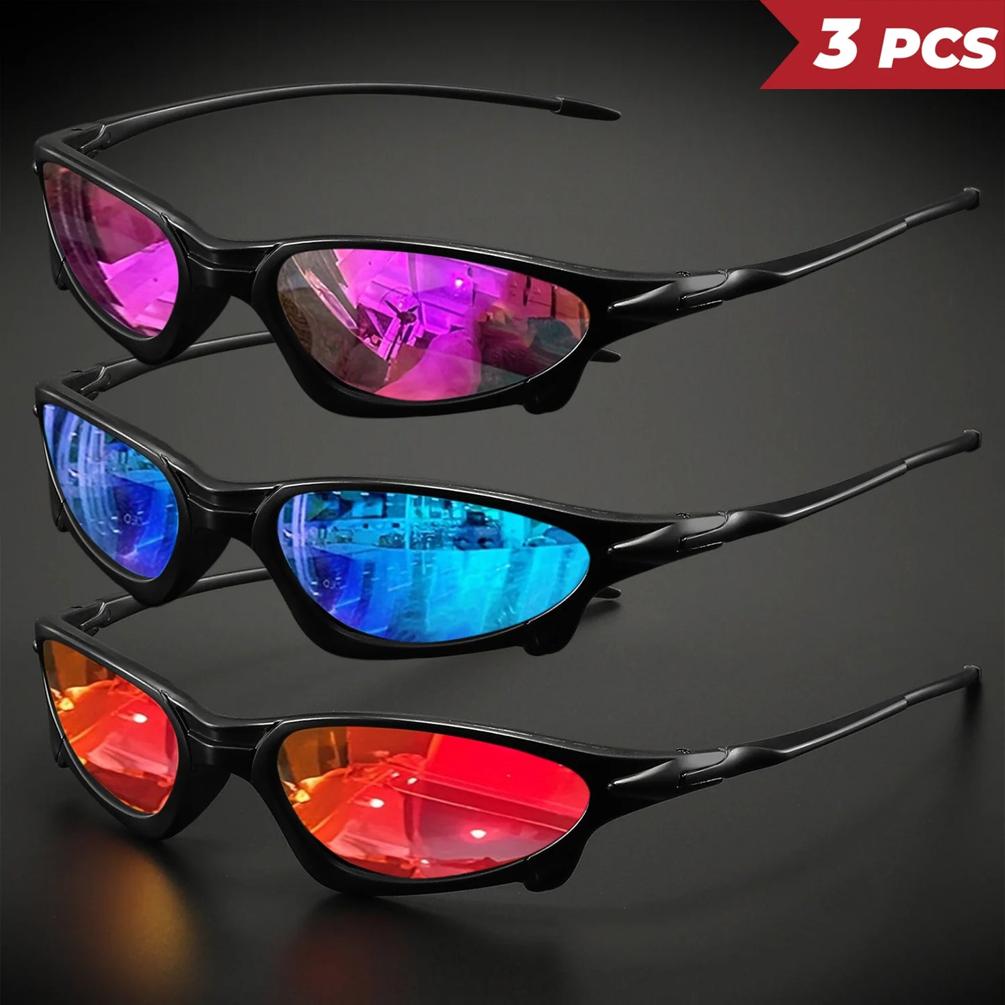 3PCS Futuristic Small Frame Colorful Sports Sunglasses - Wraparound Fit, UV400 for Cycling, Fishing & Travel