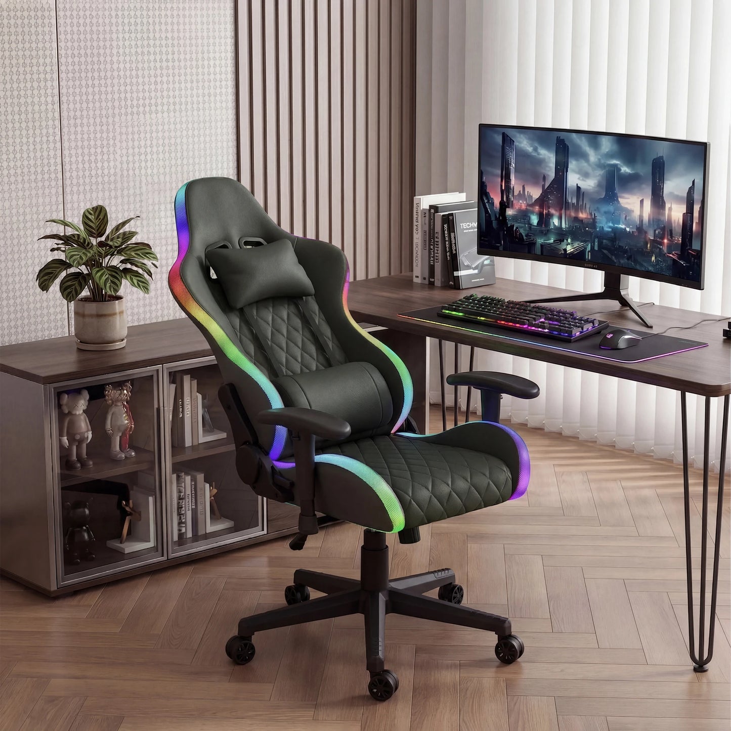 Ergonomic Office Chair with Lumbar Massage, RGB LED Lighting, Reclining Backrest, Adjustable Armrests Gaming Desk Chair for Home Office