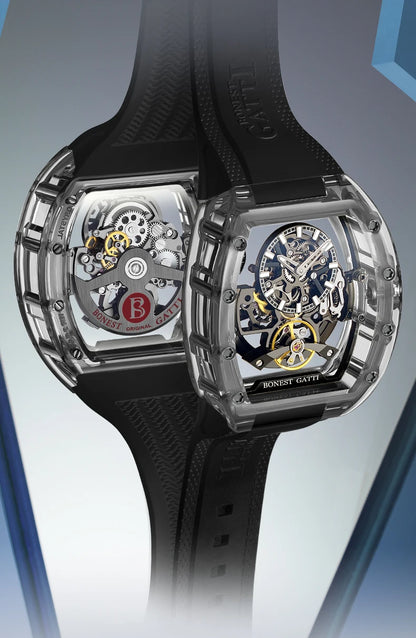 BONEST GATTI New Fully Automatic Men Watch Skeleton Mechanical Watch Rubber Black Band Luminous Barrel Shaped Men Watch