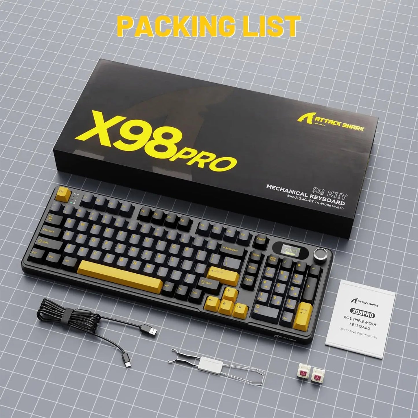 ATTACK SHARK X98PRO Wireless Mechanical Keyboard, Gasket Hot Swappable, PBT Keycaps, LED matrix screen,4000mAh