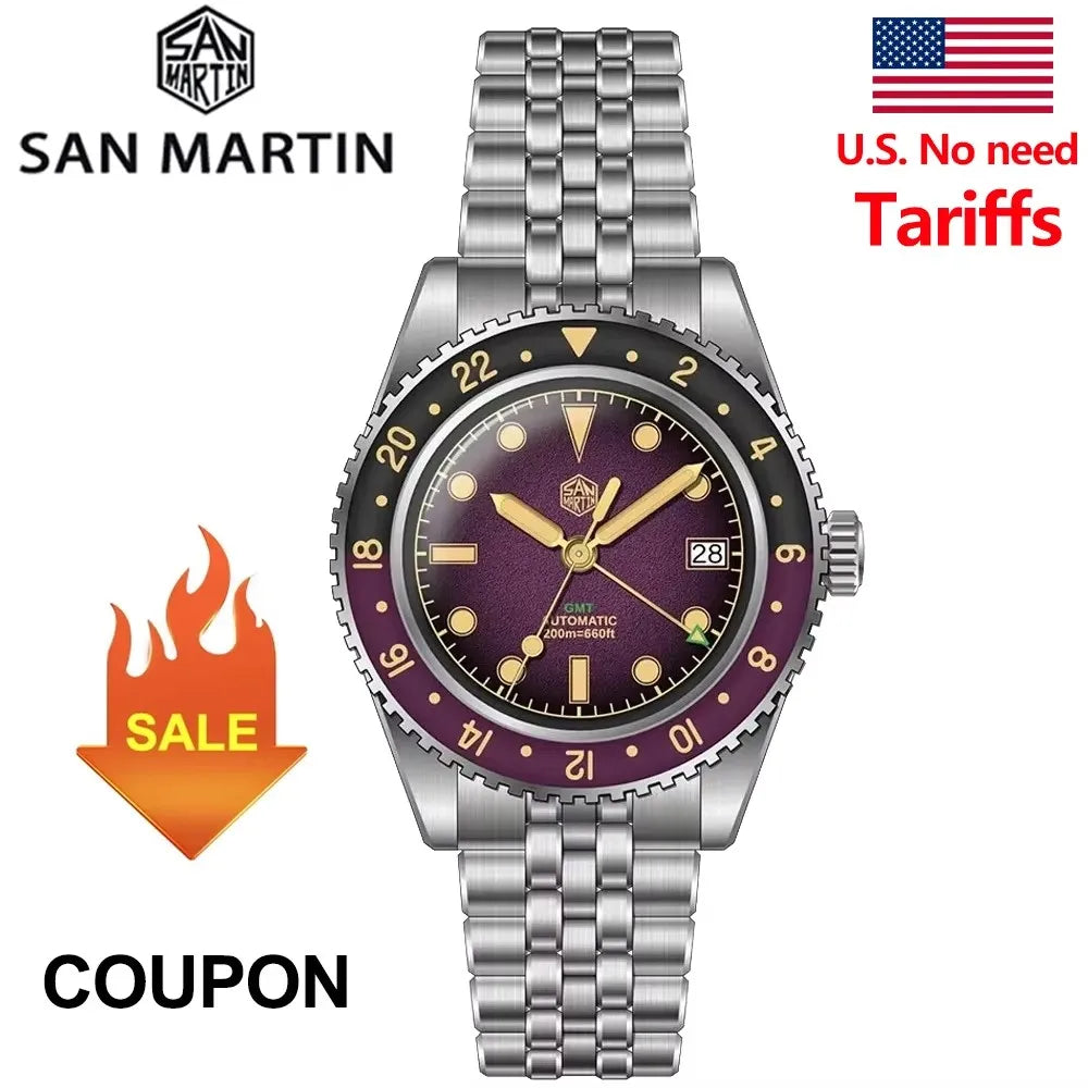 2025 New San Martin SN0134 Men Watch NH34 GMT Sandwich Dial 40mm Bidirectional Sapphire Bezel Luxury Sports Watch 20Bar Watches