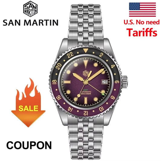 2025 New San Martin SN0134 Men Watch NH34 GMT Sandwich Dial 40mm Bidirectional Sapphire Bezel Luxury Sports Watch 20Bar Watches
