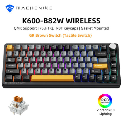 Machenike K600-B82W Mechanical Keyboard Tri-Modes Gasket Mounted 75% ANSI Layout  RGB Backlit Wireless Gaming Keyboard