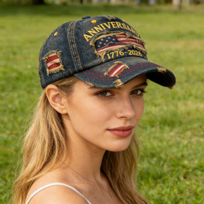Vintage USA Flag 250th Anniversary 1776-2026 Distressed Denim Baseball Cap Adjustable Patriotic Dad Hat for Men Women