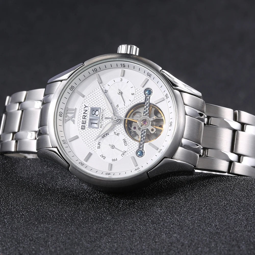 BERNY Automatic Watch for Men Auto Self-wind Mechanical Watches Date Skeleton 5ATM Luxury Male Wristwatches