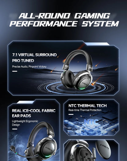 HaaYot Professional Wireless Gaming Headset Bluetooth 6.0 with 7.1 Surround Sound, Low Latency 15ms Gaming Headphones with Mic for PC PS5 Switch Mobile
