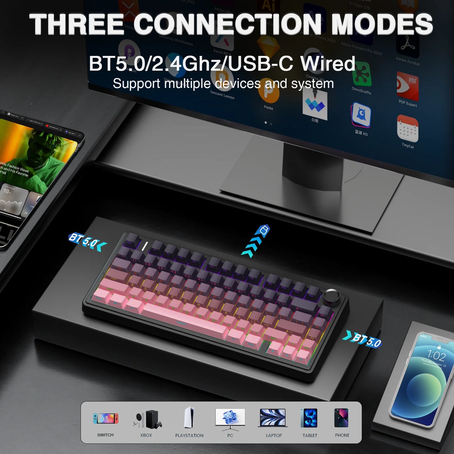 AULA F75Pro Wireless Gaming Mechanical Keyboard 75% Customized RGB Layout Gasket Mounted Side-engraving PBT Keycaps