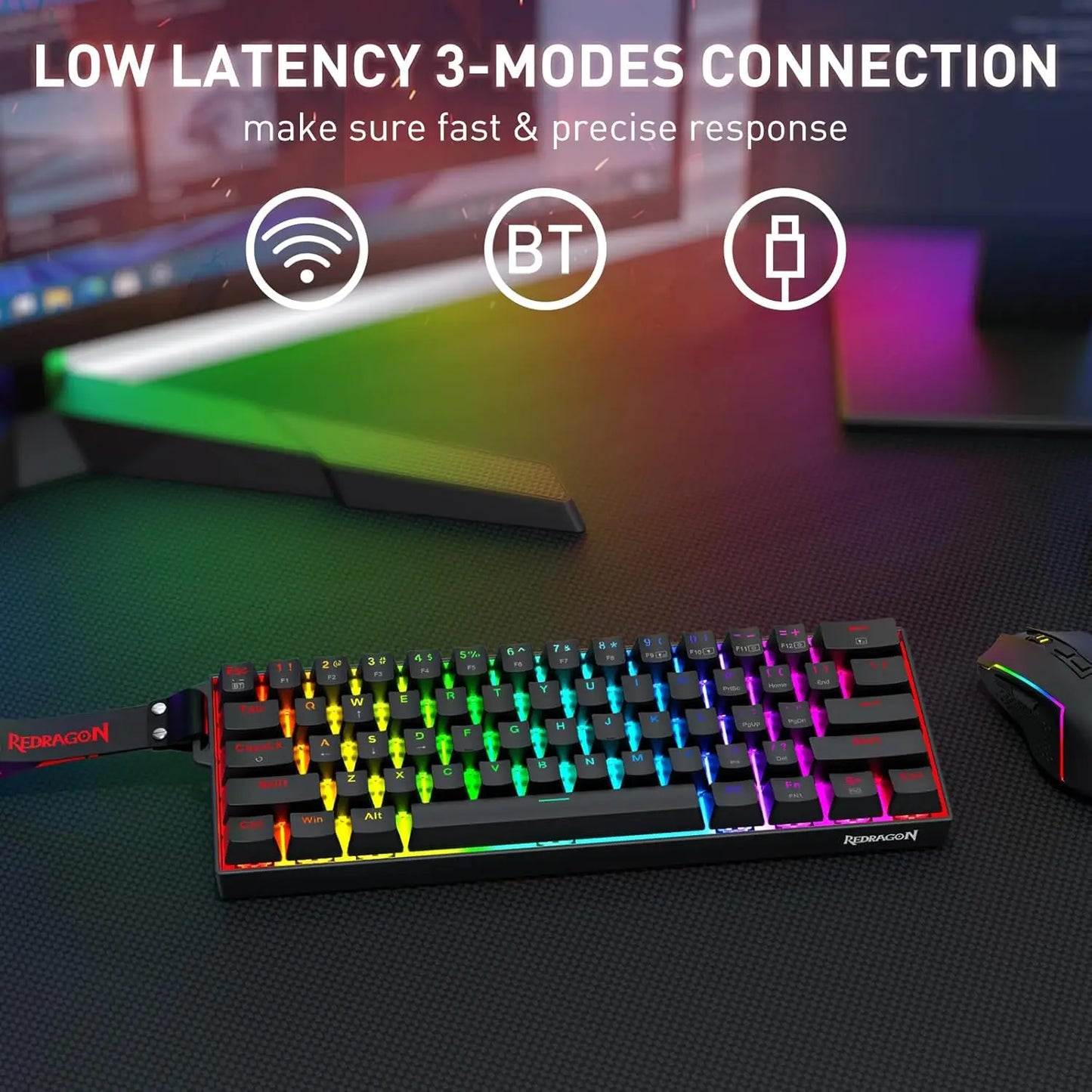 Redragon K530 Pro 60% Wireless RGB Mechanical Keyboard, 61 Keys, Hot-Swappable, Compact, with Carrying Strap