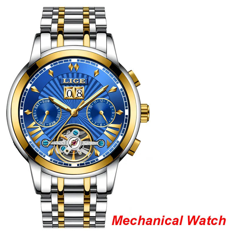 LIGE automatische mechanische polshorloges voor heren – Luxe horloge uit het topsegment met tourbillon, elegant en waterdicht model, ideaal voor op het werk of formele gelegenheden.