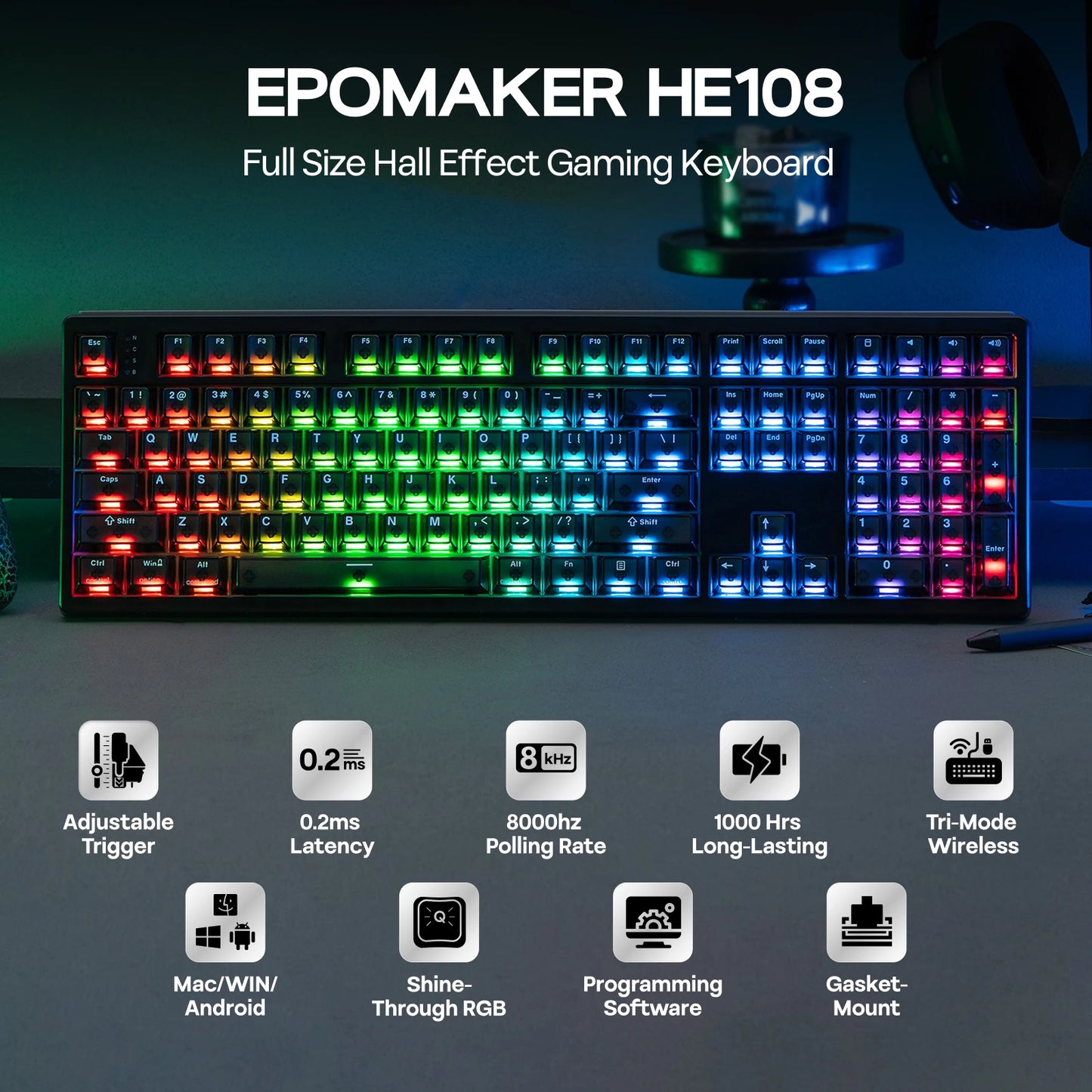 EPOMAKER HE108 100% ANSI US QWERTY Layout Wired/BT/2.4Ghz Wireless Hall Effect Mechanical Keyboard with SOCD/DKS & Rapid Trigger