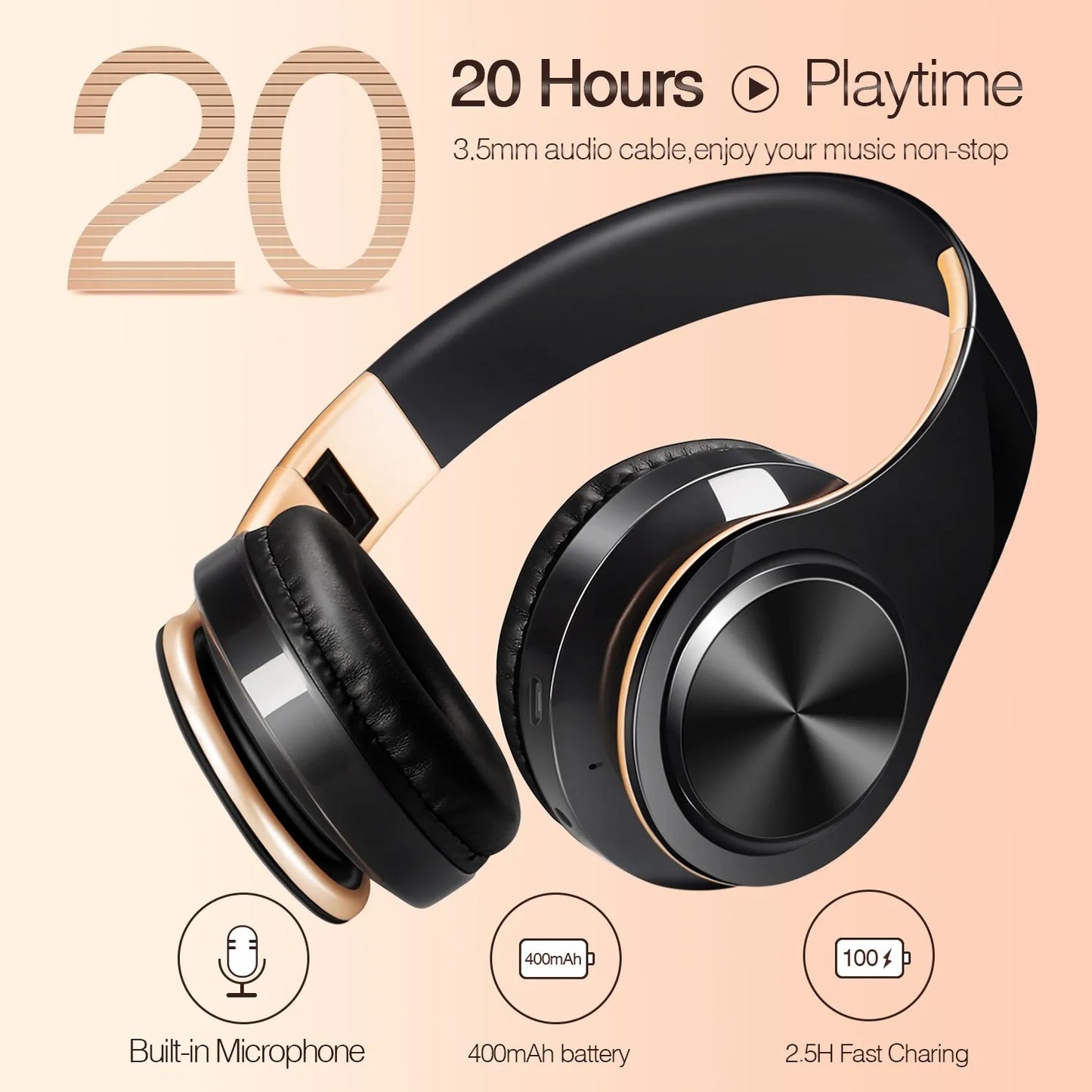 CATASSU Gold Bluetooth Wireless Headphones with Microphone, Stereo Headset, Bluetooth 5.3 Earphones, 40mm HiFi Sound, Foldable Headphones for Android & iOS