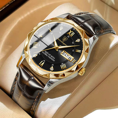 Relógio de homem POEDAGAR, modelo original de luxo: estanque, luminescente, com indicação da data e do dia. Relógio de quartzo com um estilo clássico e profissional, equipado com uma bracelete em pele.