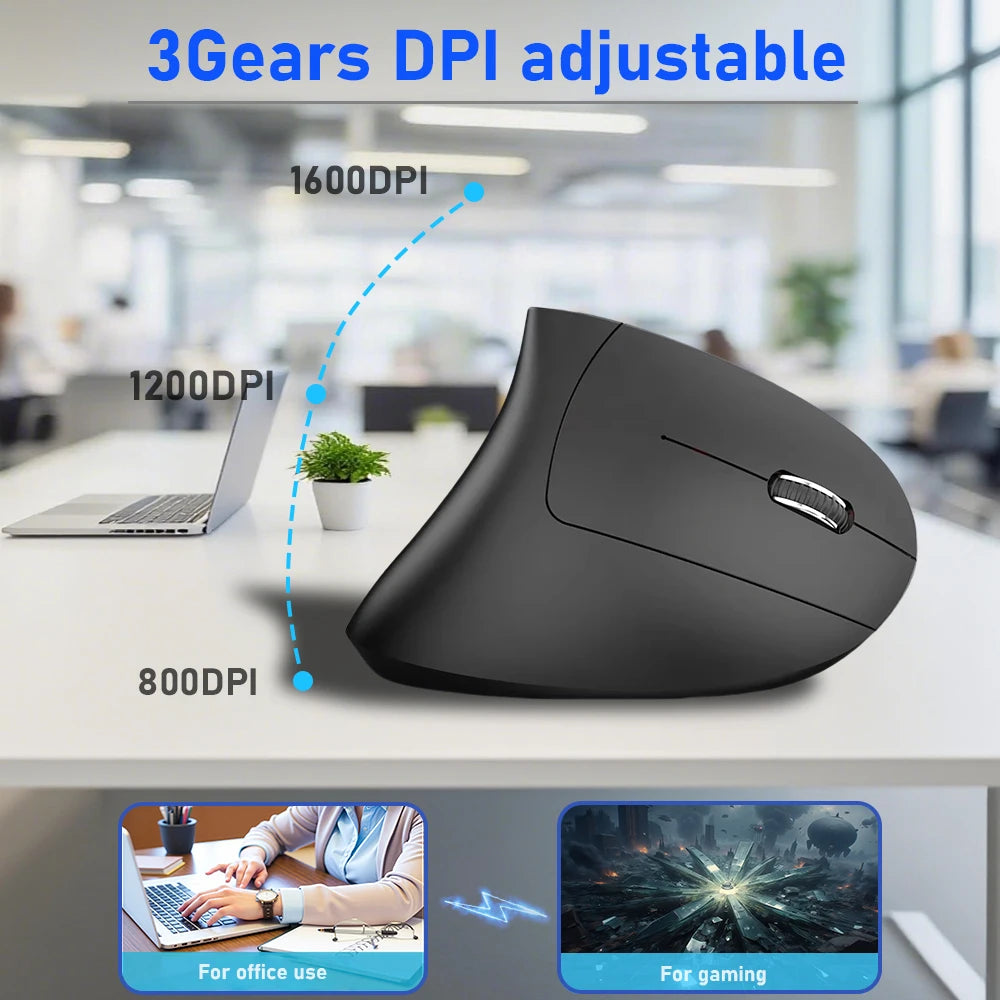 2.4G Bluetooth vezeték nélküli függőleges egér, újratölthető, ergonomikus, 1600DPI állítható gaming egér, 6 gombos, laptophoz, PC-hez és számítógéphez