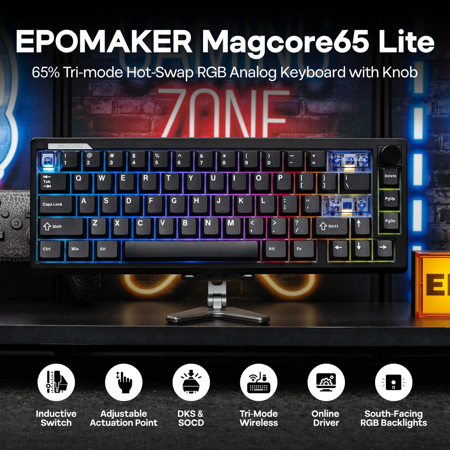 EPOMAKER Magcore65 Lite 65% US QWERTY Layout Wired/BT/2.4Ghz Wireless Mechanical Gaming Keyboard 8K Polling Analog Switch