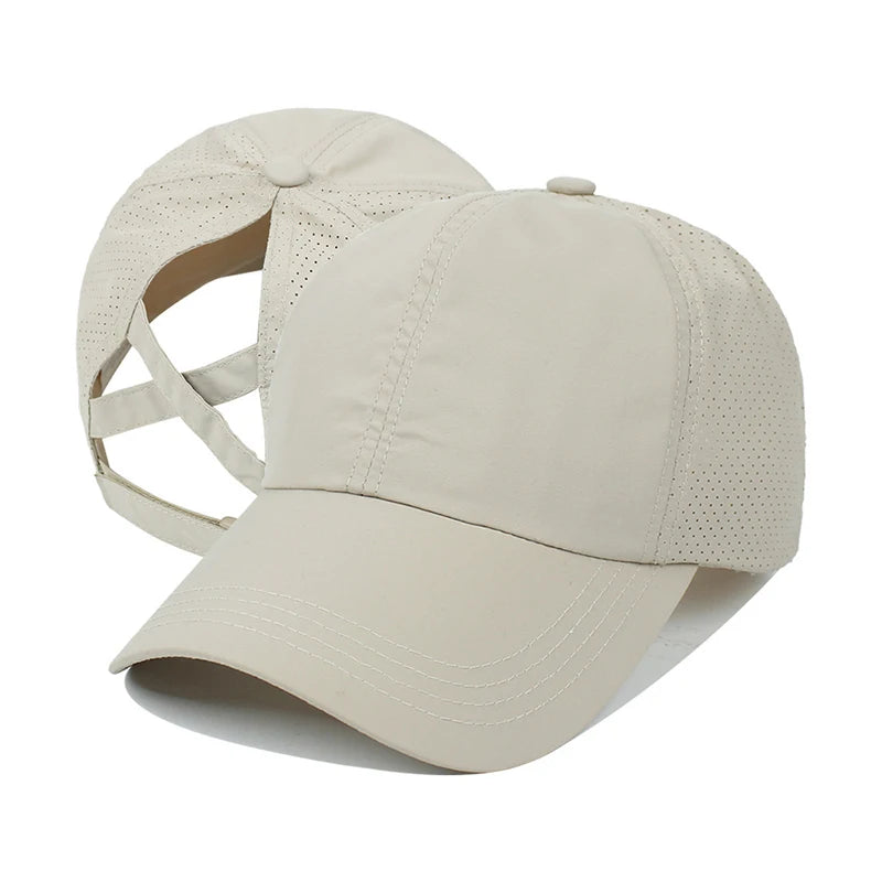Women Summer Baseball Cap Solid Color Cross Ponytail Hat Quick-Drying Half-Hollow Men Caps Golf Wear Sport Leisure Hat 6 Colors