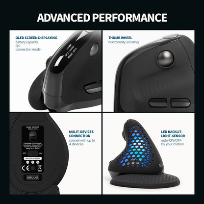 DELUX M618XSD Ergonomic Vertical Mouse with OLED Screen, 4000 DPI, Rechargeable 1000mAh Battery, Wireless & Wired Computer Mouse