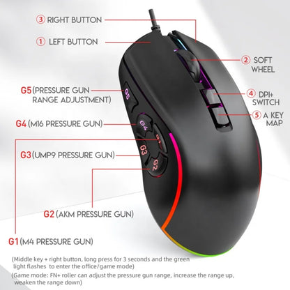 Vezetékes gamer irodai egér 7200DPI RGB háttérvilágítással, 6 állítható DPI-szinttel/10 programozható gombbal/asztalra visszalépő gombbal