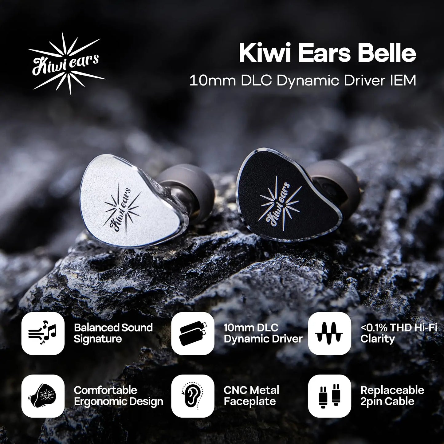 Kiwi Ears Belle 10mm DLC Dynamic Driver In-Ear Monitor HiFi Wired Earbuds with Silver-Plated Cable, Professional Audiophile IEM by Linsoul