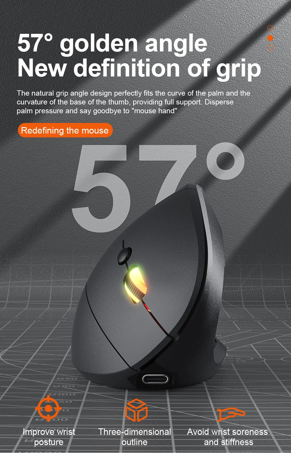 2.4G Bluetooth vezeték nélküli függőleges egér, újratölthető, ergonomikus, 1600DPI állítható gaming egér, 6 gombos, laptophoz, PC-hez és számítógéphez