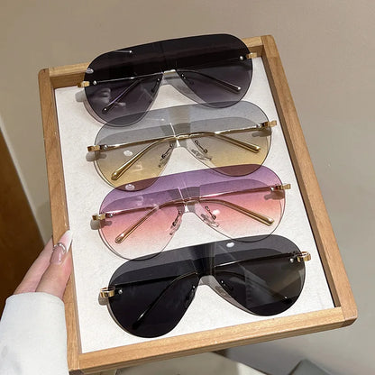Women's Oversize Rimless One-Piece Shield Sunglasses Fashion Gradient Sun Glasses Alloy Sexy Driving Shades men punk shades