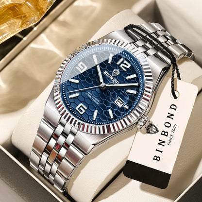Luxus-Quarz-Armbanduhr von BINBOND, beleuchtet, wasserdicht, mit automatischem Datumsanzeige, für Herren, aus Edelstahl, im Business-, Sport-, Mode- und Freizeit-Stil.