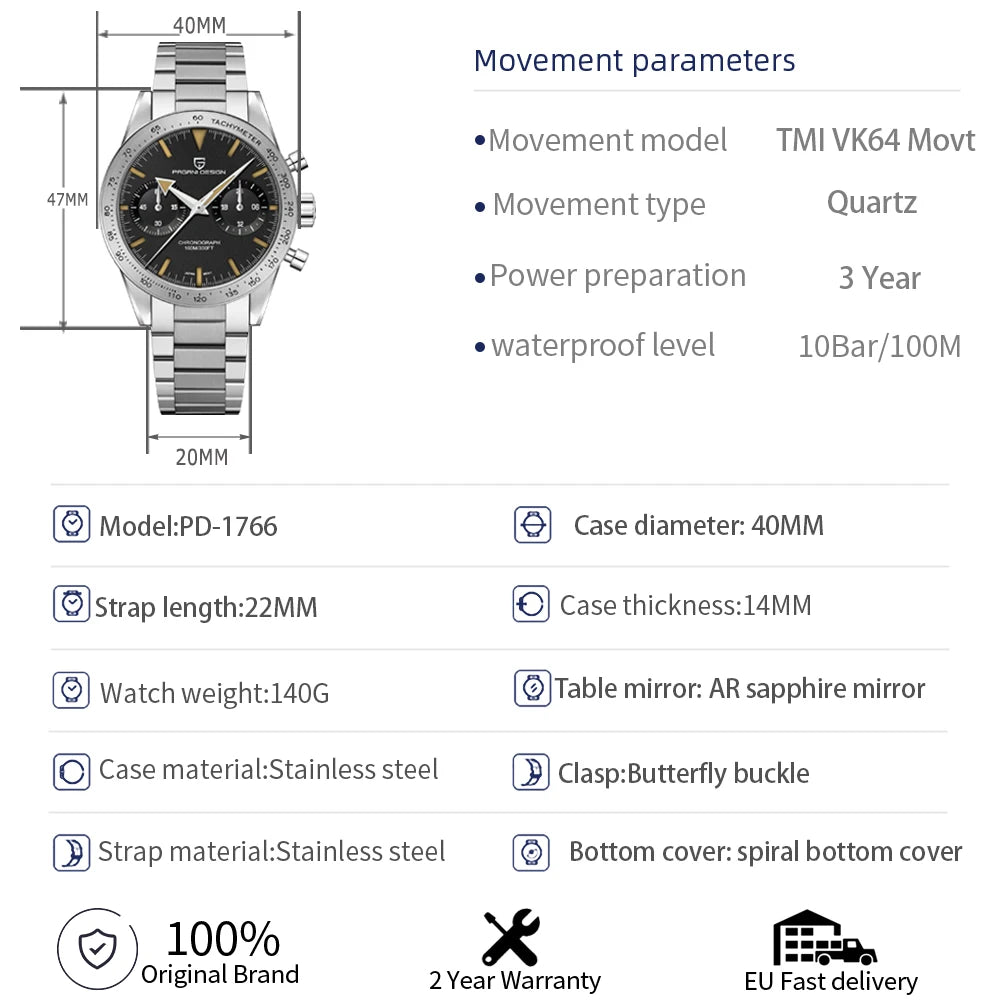 PAGANI DESIGN 2024 New Wide Arrow Moon Men's Watches Luxury Quartz Watch For Men Sport Retro Chronograph VK64 AR Sapphire Glass