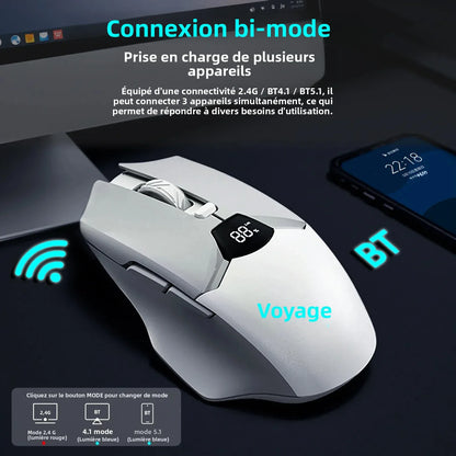Rato Bluetooth Sem Fios com Indicador Digital de Bateria, Rato Ergonómico Silencioso para PC, Portátil e Gaming, 2.4G/Bluetooth 5.0
