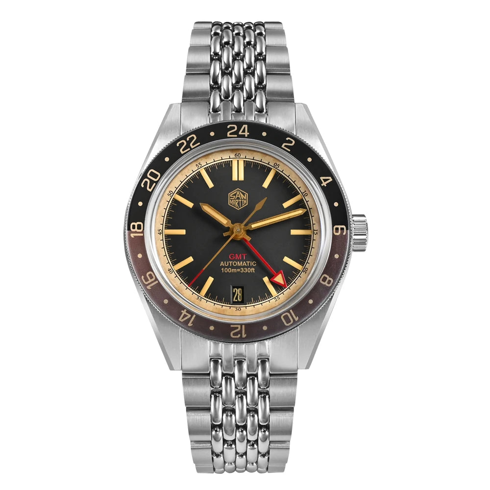 Relógio Automático Masculino San Martin 39.5mm Edição Limitada com Mostrador Full Lume NH34 GMT 6H Data 10Bar Luxo Kol Saati SN0116W