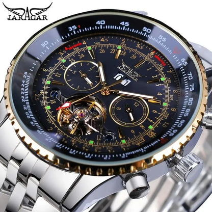 Luxusní retro automatické mechanické hodinky JARAGAR 034, tourbillon, vyprázdněná skeletová konstrukce, nerezová ocel, týdenní kalendář, pánské hodinky