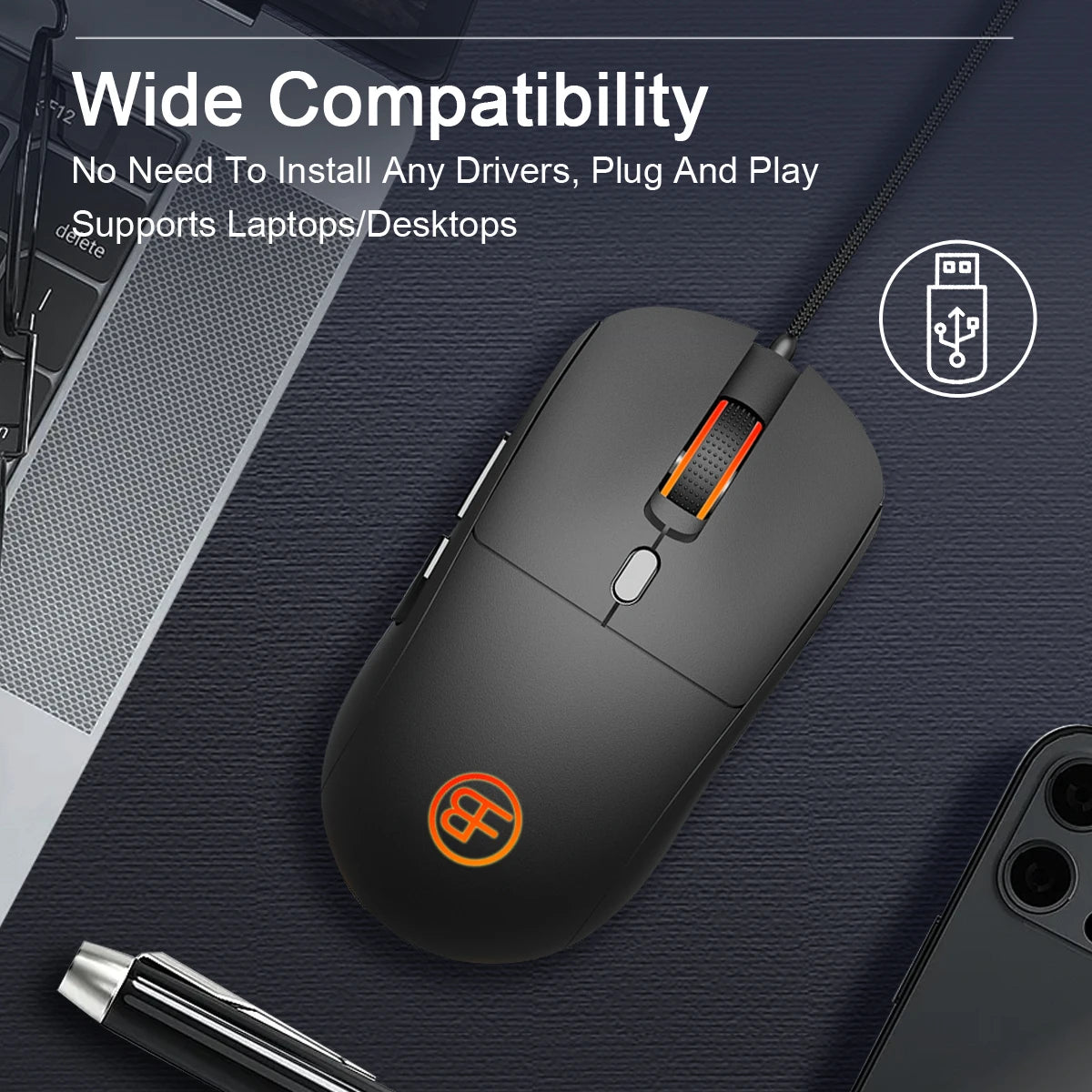 Káblová myš USB – káblová optická ergonomická myš, nastaviteľná 7200 DPI, 6 tlačidiel, kancelárska myš pre PC, notebook, počítač, MacBook a hráčov