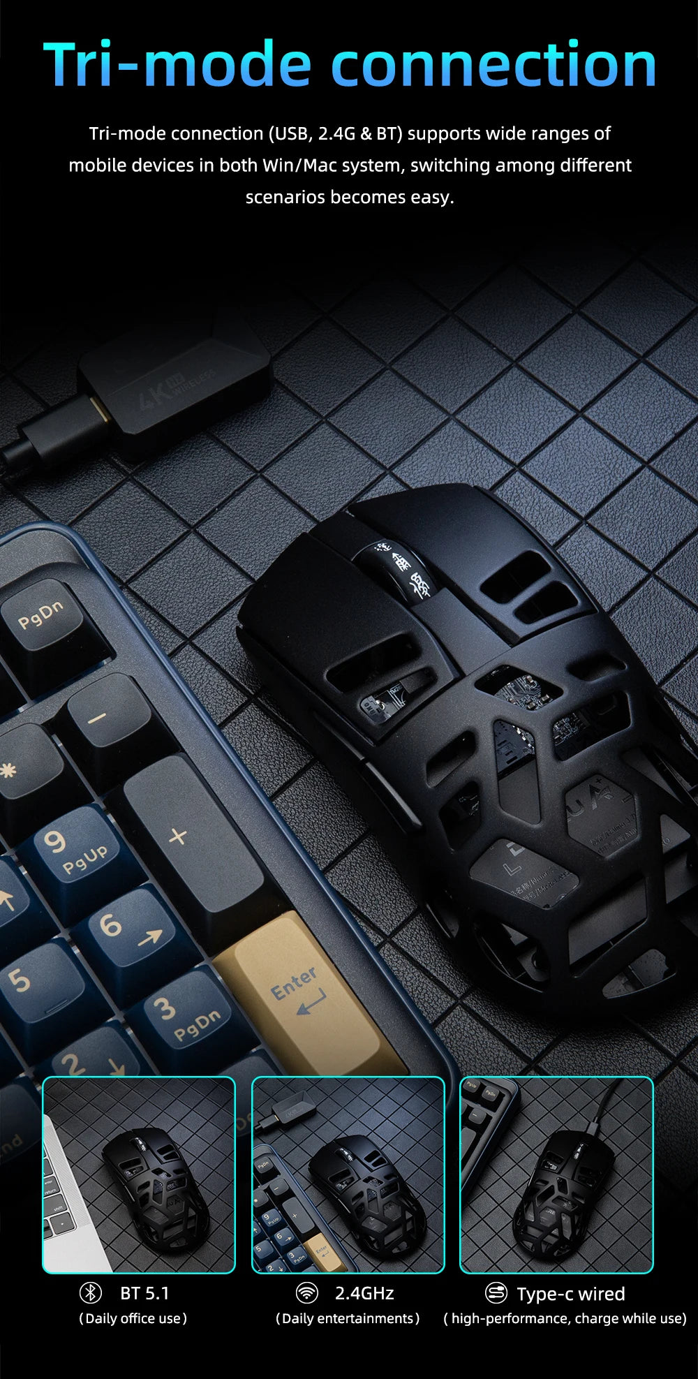 DAREU Al-mg Tri-Mode 8Khz PBT kabellose Gaming-Maus mit Schnellladefunktion PAW3950 30000 DPI, leicht, für PC-Gamer
