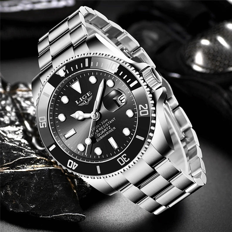 Montre de plongée de luxe pour homme, marque LIGE, étanche 3ATM, avec affichage de la date, montre à quartz sportive