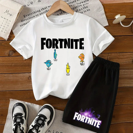 Summer FortnitesT-shirt Shorts for Boys Girl Tee Pants Set 2pcs Children Clothing Tops T-shirts Fortress Night Print Tees Gift