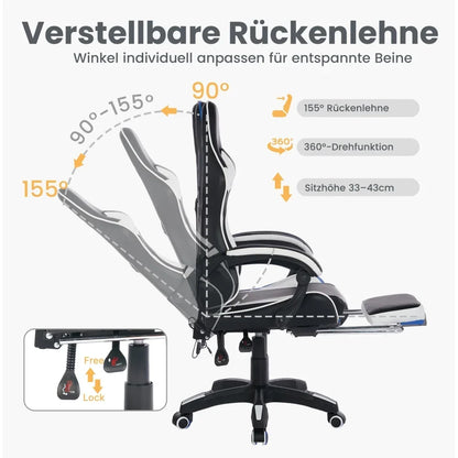 360° Swivel Ergonomic Racing Design Gaming Chair Leather High Back Office Chair Height Adjustable Task Chair, Black & White