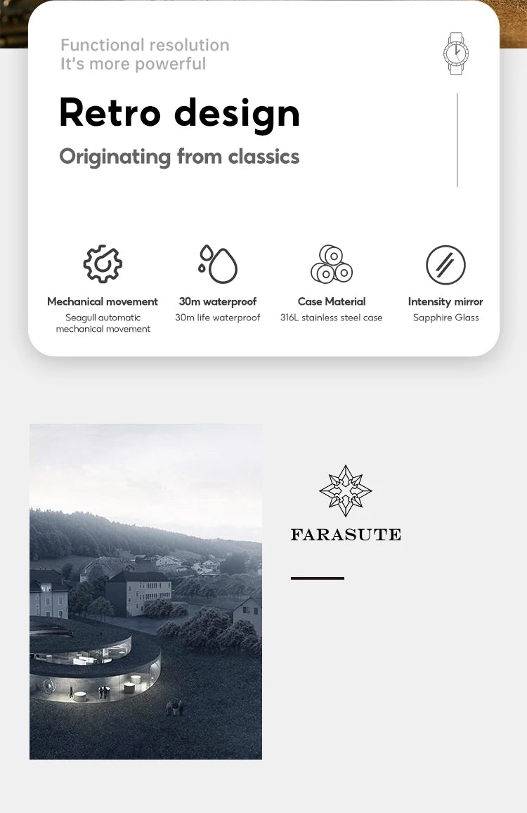 FARASUTE Original Design Square Manual Mechanical Men's Watch Seagull Movement Luxury Retro Sapphire Mirror Waterproof Men Watch