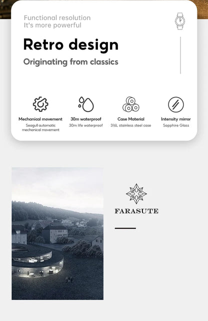 FARASUTE Original Design Square Manual Mechanical Men's Watch Seagull Movement Luxury Retro Sapphire Mirror Waterproof Men Watch