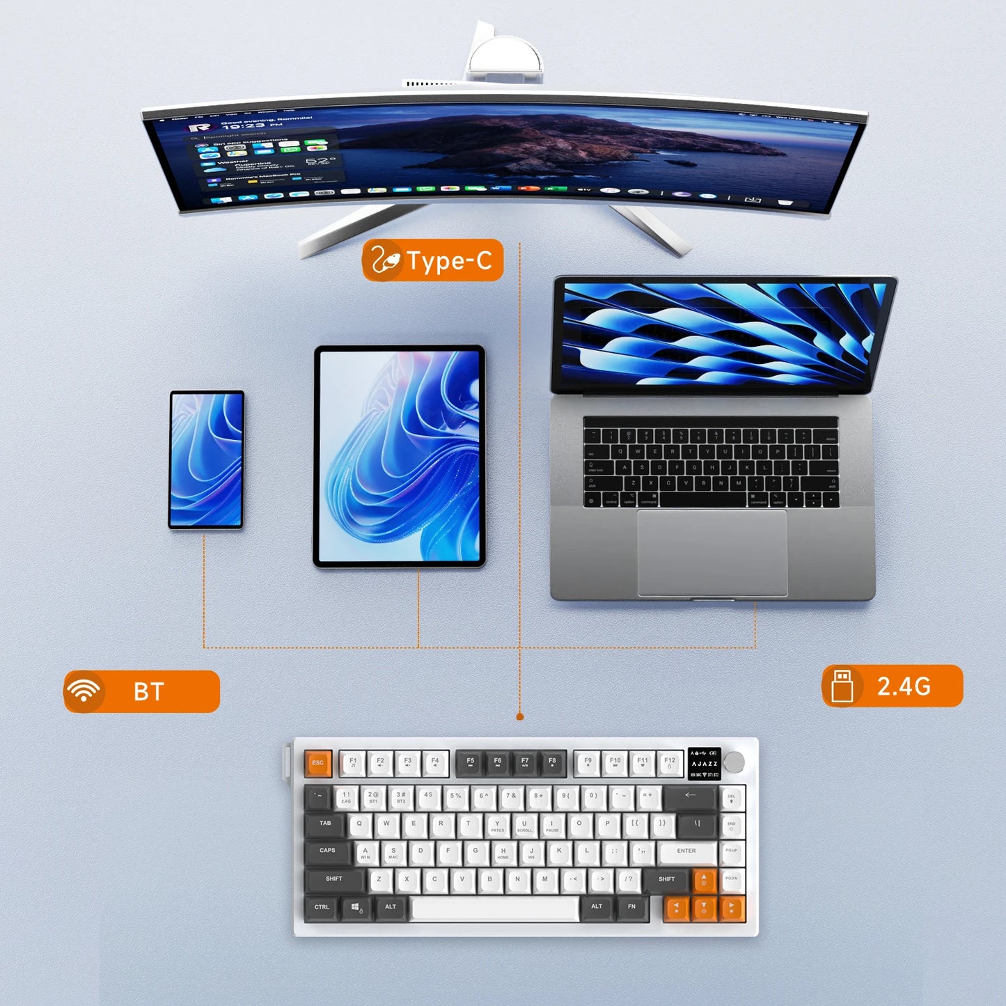 Ajazz AF82 Series 75% Layout Wireless Keyboard with 4000mAh Battery Low Profile Keys Bluetooth Tri-Mode Connectivity  RGB