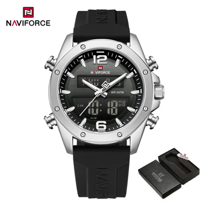 NAVIFORCE Men Quartz LCD Dual Display Watch With Silicone Strap 3ATM Waterproof Shockproof Night Light Round Case Sport Casual