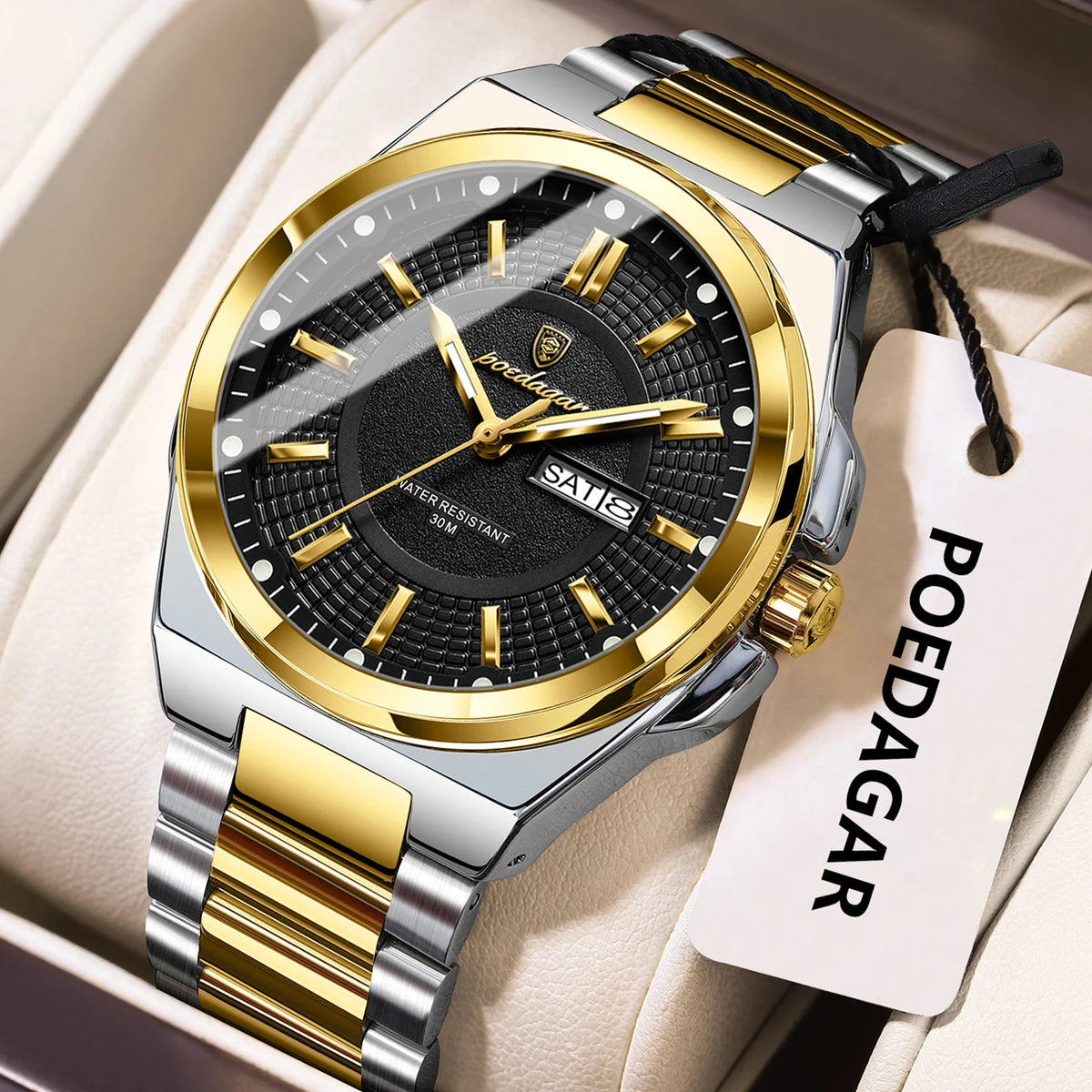 Montre-bracelet de luxe POEDAGAR Sport Original pour homme, à quartz, avec date et jour de semaine, étanche et lumineuse, en acier inoxydable.