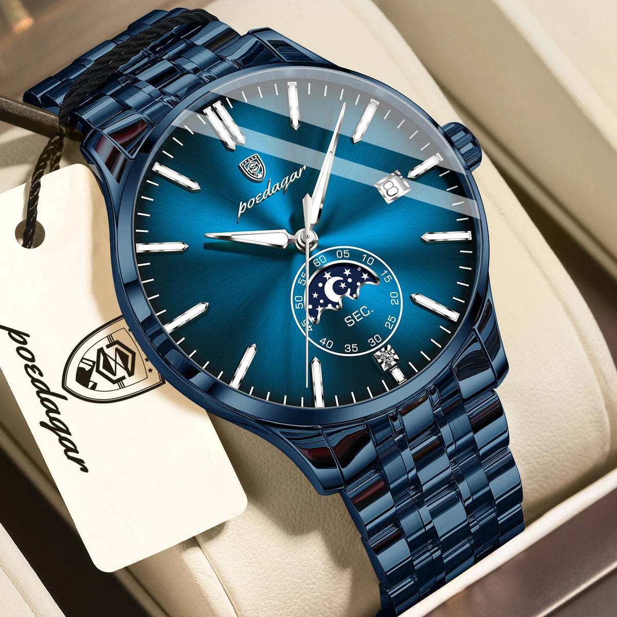 Relógio de luxo para homem POEDAGAR, estilo casual, em aço inoxidável, com movimento de quartzo, à prova de água, luminoso, com data, elegante.