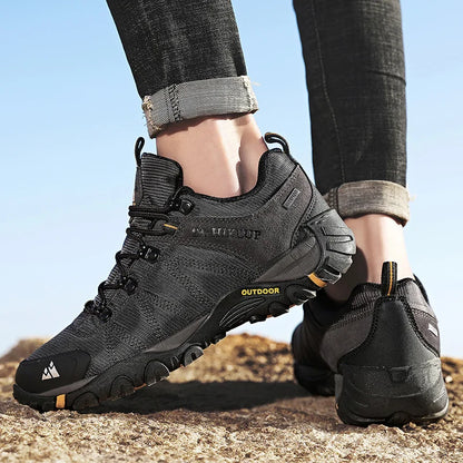 HIKEUP miesten neljän vuodenajan vaelluskengät – ulkoiluun ja urheiluun, aitoa nahkaa, kulutusta kestävät kiipeilykengät, kumipohjaiset trekking-sneakerit