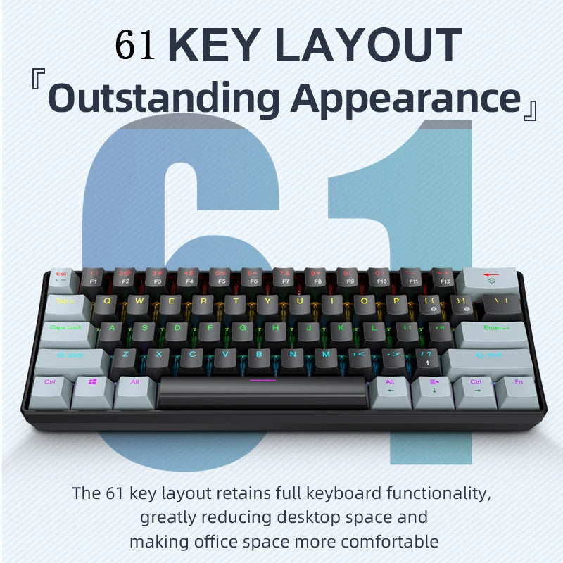 APAYADO K61 60% мини жична механична гейминг клавиатура Phantom RGB, 61 клавиша, Red/Blue Switch, ергономична, преносима за PC/лаптоп