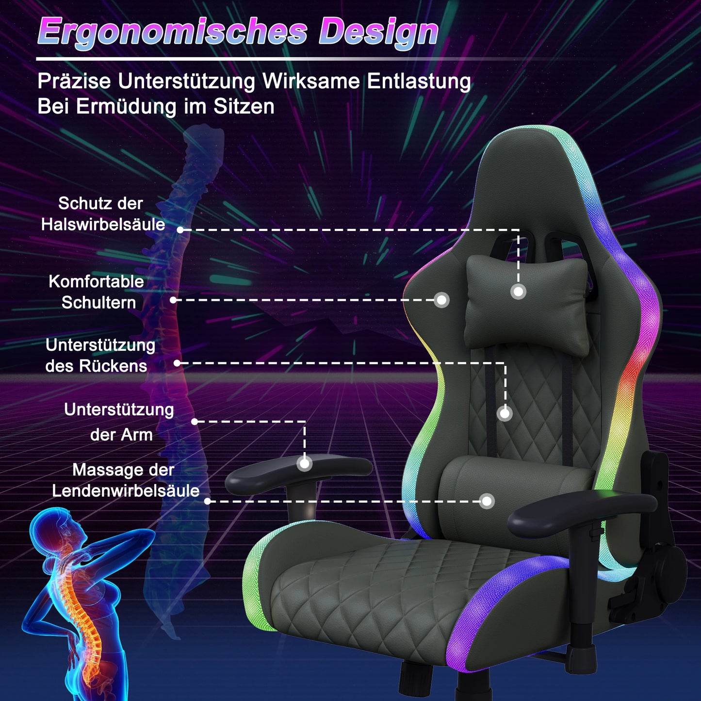 Fangange Ergonomic Gaming Chair with Massage Function, LED Light, Adjustable Reclining Computer Chair with Lumbar Support Pillow, 150KG
