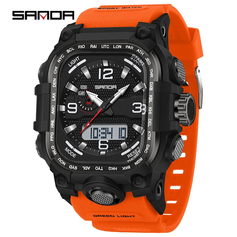 SANDA 6310 Men's Electronic Watch Multifunctional Luminous Alarm Clock Calendar Stopwatch Dual Display Digital Watches for Man