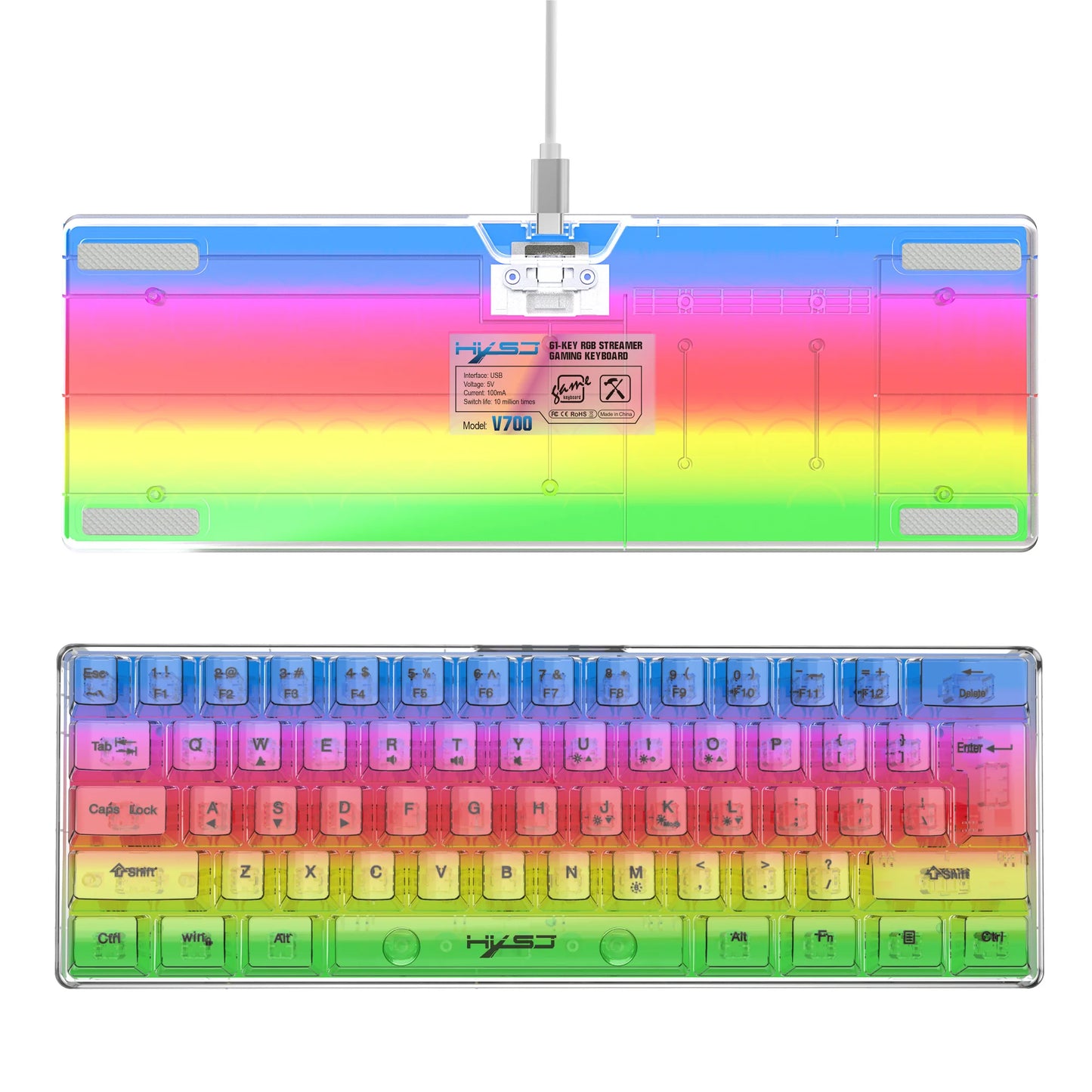 HXSJ V700 60% Wired Transparent Gaming Keyboard, RGB Backlit 61 Keys Compact USB Gaming Keyboard for PC, Mac & Laptop
